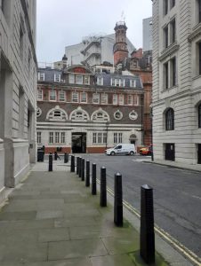 The fireman’s watch-tower at 13-15 Great Scotland Yard, behind the Metropolitan Police’s Mounted Branch Stables, viewed from under the archway in nearby Scotland Place