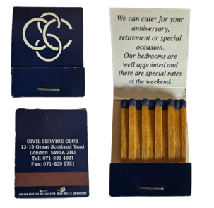 A Civil Service Club matchbook dating from the early 1990s